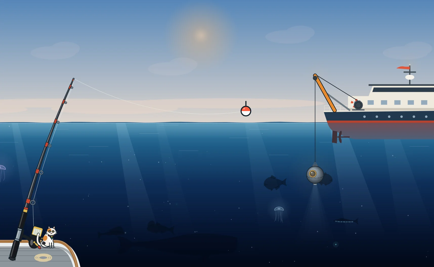 A research ship lowering a diving bell into open ocean